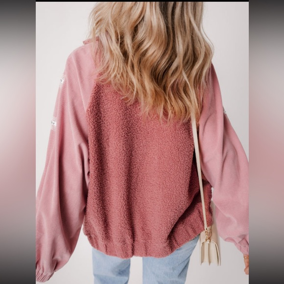 1000. Rose pink lace studded corduroy Sherpa jacket - Picture 3 of 4